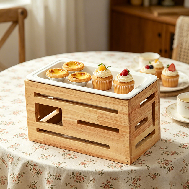 FLEY Banquet Catering Multi Layer Wooden Dessert Stand Reusable Ceramic Pan Food Display Riser for Wedding Buffet Table Decor