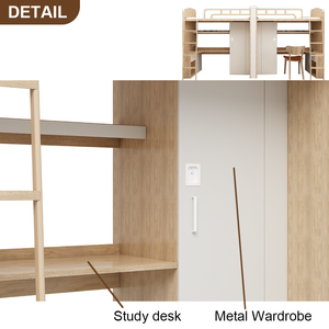 Lit superposé moderne en métal et bois grainé 2026 avec bureau, échelle, rangement et armoire pour la maison, l'école, les jeunes et les hôtels - Product Image 4