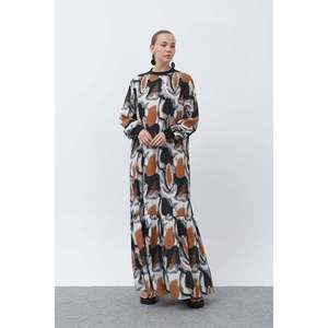 Robe à col côtelé et motifs pour femme - 12606ELB - CAMEL - Product Image 1