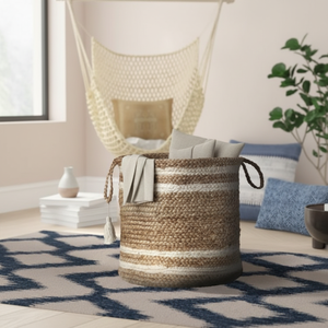Modern <b>White</b> Cotton Rope Eco-Friendly Flexible <b>Basket</b> with Handle Circle Shape for Stylish Food <b>Storage</b> Divtik Decor - Product Image 3