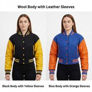 Veste universitaire en laine avec manches en cuir, coloris noir, jaune, bleu, orange, col rabattu, fermeture boutonnée, unisexe - Product Image 2