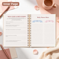 Journal de grossesse et de naissance personnalisé avec couverture en papier illustré rose, spirale double, dorure à chaud et coins renforcés