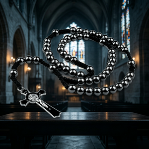 Elegantes rosarios católicos con conector Ilo y plata en oro laminado, pulsera de siete nudos, dije mini de San Benito. - Product Image 1