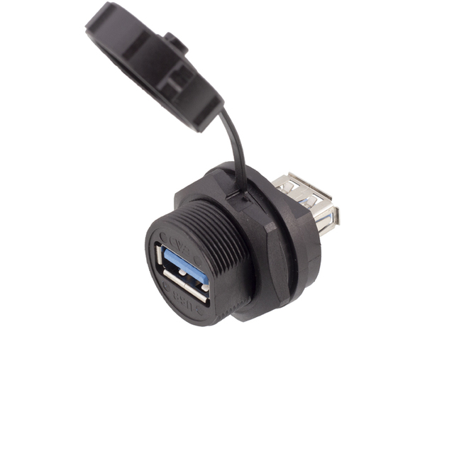 CAZN Panel Mount Female to Male IP67 Threaded USB 3.0 Receptacle with Dust Cover
