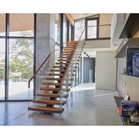 Escalier LED d'intérieur moderne avec garde-corps droit en verre Bandes de roulement en bois massif Matériau flottant en acier, bois et alliage d'aluminium pour villas