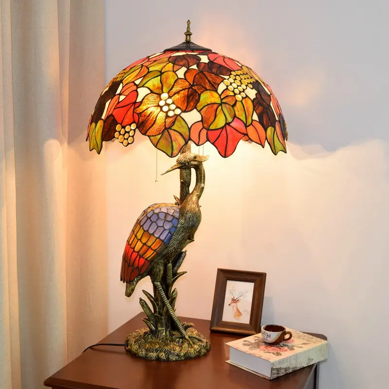 Tiffany Luxury Large Table Lamp Retro Flower Stained Glass Lamp Crane Art Living Room Restaurant Hotel Decorative Lamp