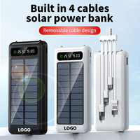 Tragbare Powerbank 10000mAh mit Digitalanzeige und 2 LED-Taschenlampen, Solar-Powerbank mit abnehmbaren, integrierten 4 Kabeln