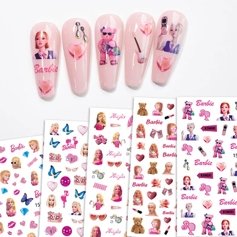 2023 nouveau dessin animé Barbie ongles breloques autocollants en gros auto-adhésif 12 modèles ours rose Barbie ongles autocollant Kawaii ongles breloques