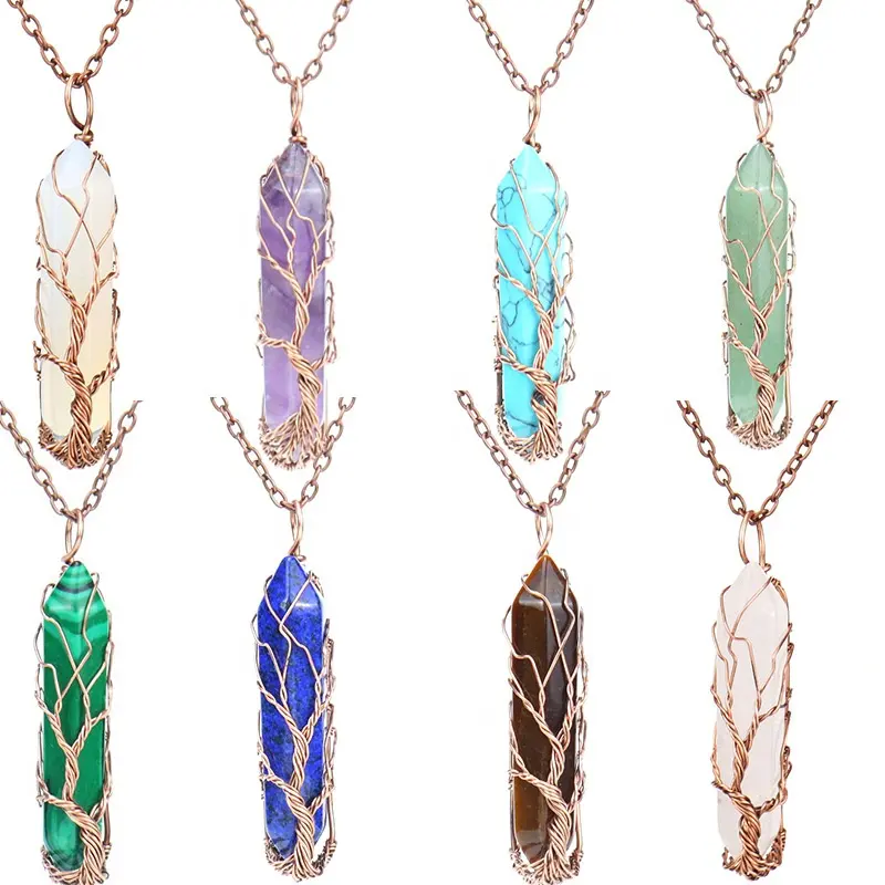 Andmade-collar con colgante de árbol de la vida, de 6cm de cristal grande natural piedra preciosa, columna hexagonal de amatista cuarzo rosa ópalo