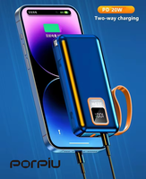 Batterie externe PORPIU avec logo personnalisé, affichage LED USB-C, charge rapide PD20W, 20000 mAh, pour iPhone Samsung, câble de charge portable