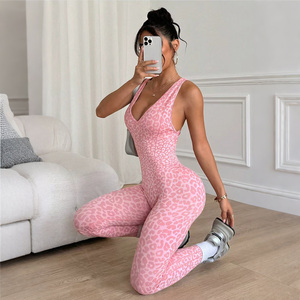 Bán buôn báo in một mảnh Playsuit nhà máy tùy chỉnh nữ liền mạch Yoga bodysuit sâu V vượt qua trở lại thể thao Jumpsuit - Product Image 6