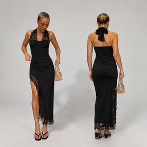 Vestido Maxi Negro de Encaje con Cuello en V y Espalda Descubierta para Mujer, Silueta Recta, Transparente, para Eventos Formales - Product Image 1