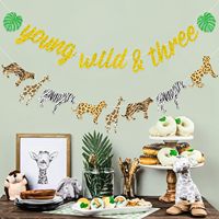 Decoraciones para el 3er Cumpleaños con Temática de Jungla, Pancarta 'Young Wild and Three' y Guirnalda con Estampado de Animales de Safari para Niños o Niñas