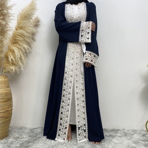 1498# Elegant Navy Front Open <b>Abaya</b> Pretty Floral White Lace Long Sleeve <b>Abaya</b> Long Robe for Muslim Women 2XL 3XL Limited - Product Image 3