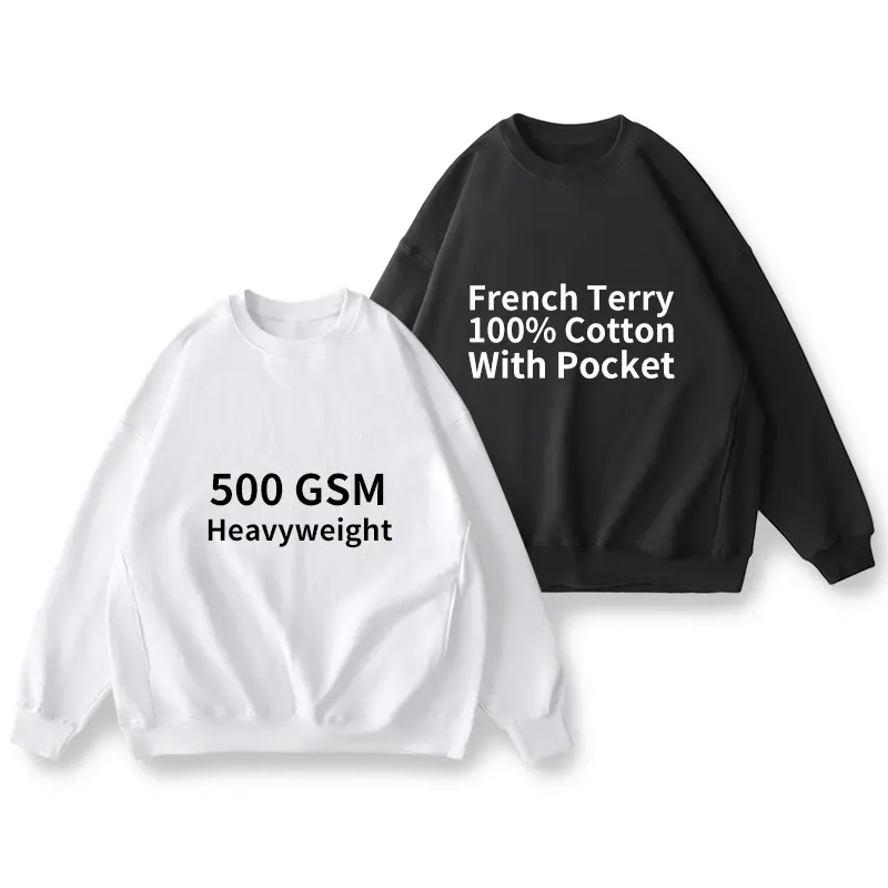 Tùy Chỉnh OEM Chất Lượng Cao 500 GSM Trống Crew Neck Men's Dài Tay Áo Quá Khổ O-Cổ Áo Thun Hoodies & Áo Nỉ Với Túi