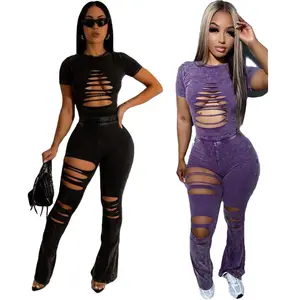 New Product Ideas 2023 Short Sleeve Top Summer 2 Piece Set Sexy Hollow Out Two Piece Pant Set Women Clothing