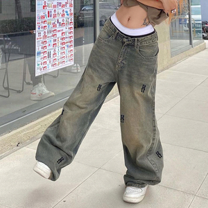 Jeans de Mezclilla con Estampado Digital, Corte Holgado, Lavado Decolorado, Estilo Vintage Y2K para Mujer, Cintura Baja, Ropa Casual de Calle, Venta al Por Mayor - Product Image 1