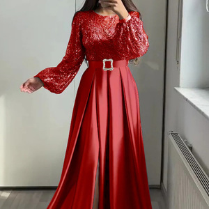 Robe de soirée longue à sequins dorés, manches longues, taille empire, fente avant, fermeture éclair, robe de soirée formelle pleine longueur - Product Image 3