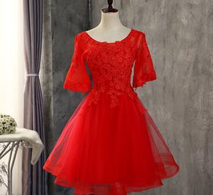 Robes <span class=keywords><strong>de</strong></span> demoiselle d'honneur courtes à manches courtes et col rond, couleur <span class=keywords><strong>blanc</strong></span>/rouge/gris/<span class=keywords><strong>champagne</strong></span> - Product Image 1