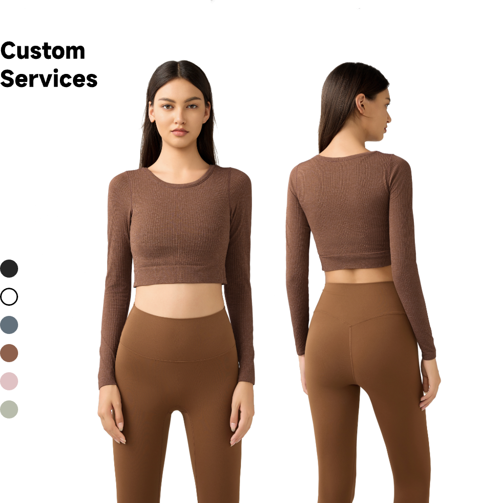 Women's New Slim Fit Sports Long Sleeves Yoga Tops Chest Pads for Running Fitness Seamless Logo on Front-Daw197