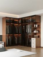 Dressing en L sur mesure moderne et minimaliste avec portes vitrées et éclairage LED, Armoire de chambre personnalisée pour toute la maison