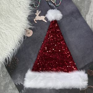 قبعة عيد الميلاد من cusomt بالترتر من البوليستر للبيع بالجملة قبعة عيد الميلاد الفاخرة المحشوة للبالغين بتخفيضات كبيرة قبعة مع pompom للبالغين - Product Image 2