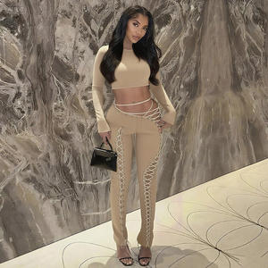 Y0563 Herbst und Winter Neues Damen-Langarm-Oberteil Sexy Hollow Out Strap Tight Pants Zweiteiliges Set - Product Image 4