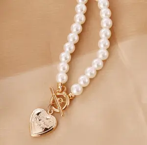 Collar de perlas con broche de OT en forma de corazón, Gargantilla de oro para mujer