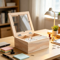 Boîte de rangement multi-compartiments en bois de pin avec couvercle transparent, organisateur en bois pour petits objets ménagers