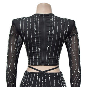 IHOOV महिलाओं की लंबी आस्तीन वाली टॉप हॉट डायमंड ड्रेस मनके लंबी स्कर्ट दो पीस सेट - Product Image 5