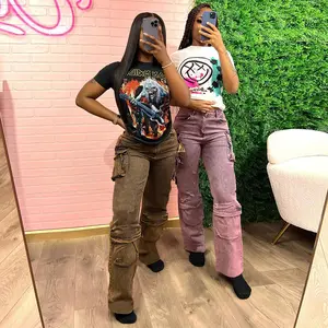 Peeqi K23PT003 jeans kaki lebar wanita, celana denim longgar kasual modis pinggang tinggi berkancing 2023