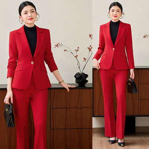 Women's Red Suit Set Three Quarter Sleeve Formal <b>Work</b> Wear Anti-Wrinkle Polyester Fiber 96 Spandex 4 - Product Image 1