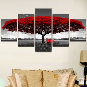 Pintura decorativa para arte de pared, panel de pintura con hermoso paisaje de árbol rojo, lienzo impreso, 5 piezas - Product Image 3