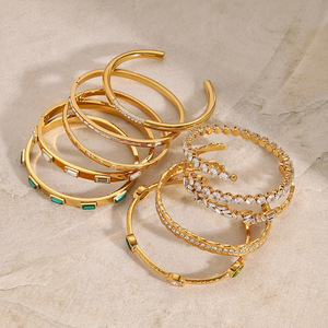 Aretas Bling lujo chapado en oro 316L Acero inoxidable declaración piedra brazalete conjunto grueso hoja patrón para bodas fiestas - Product Image 4