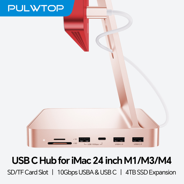 PULWTOP USB Hub Adapter iMac Accessories for I-Mac M1/M3 with USB C 10Gbps 3*USB-A, Support Expand M.2 SSD (Not Included), Pink