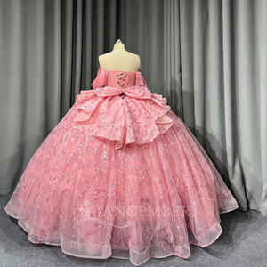 Robe de bal rose Lsmu184 pour Quinceañera, longueur ras du sol, traîne chapelle, en satin moderne et dentelle, robe de soirée Jancember - Product Image 2