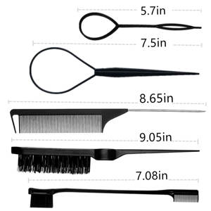 Ensemble de brosses à cheveux <span class=keywords><strong>Topsy</strong></span>, outils pour les queues de cheval, brosse à picots pour démêler, brosse de contrôle des bords, peignes à queue de rat en métal, coiffure rose/noir - Product Image 3