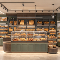 Comptoir de vente au détail en bois texturé pour boulangerie-pâtisserie, design de magasin de gâteaux commercial avec vitrine et mobilier sur mesure