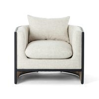 Fauteuil individuel moderne et minimaliste en tissu beige, design de créateur avec détails en rotin, idéal pour les salons de luxe et les projets hôteliers