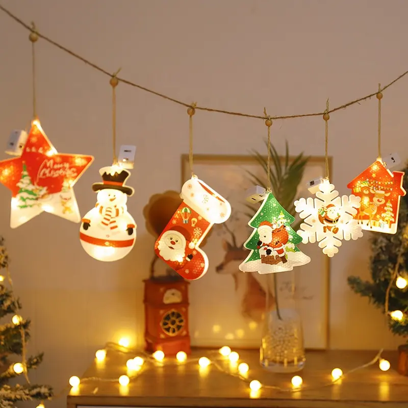 2022 Christmas Decoration Christmas String Light Snowflakes Stars Santa Cartoon Hanging Light Room Decoration Flashing LED Light