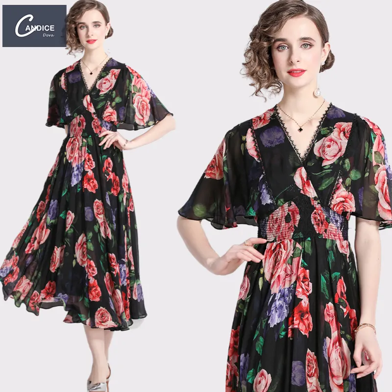 Candice 2023 new arrival chiffon floral print lace women dresses casual summer elegant