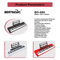 BD MUSIC BD-680D Clavier électronique portable en plastique à 61 touches lumineuses, orgue électrique, piano numérique, 200 sons et rythmes
