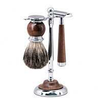 Ensemble de rasage ZY 3 pièces, rasoir de sécurité à double tranchant, lames en acier inoxydable à lame unique, brosse à raser en poils de blaireau, manche en bois de noyer