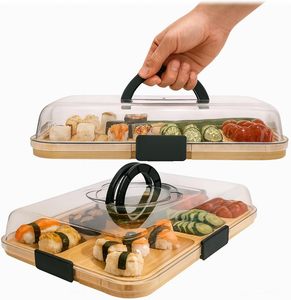 Bandeja de Bambú para Aperitivos, Tabla de Quesos y Charcutería con Compartimentos y Tapa Transparente con Cierre - Product Image 1
