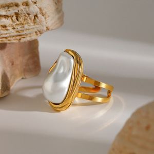 Baroque Pearl <b>Open</b> <b>Ring</b> 18k Gold Stainless Steel Women's Fashion Jewelry Party Geometric Shape Bezel Setting - Product Image 4