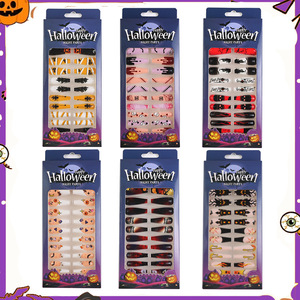 Halloween presse sur les ongles citrouille chauve-souris Design avec gelée adhésive dans une boîte-cadeau effrayant fantôme <span class=keywords><strong>faux</strong></span> ongles <span class=keywords><strong>pour</strong></span> les femmes fête 24 pièces ensemble - Product Image 2