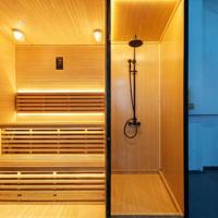 Sauna extérieur Alphas en forme de cube avec douche, chauffage à vapeur, en bois massif, pour salle de sport, villa, parc, avec fenêtres à traverses