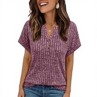 Tunique ample pour femme, col Henley en V, manches courtes, couleur unie, style décontracté chic, idéale printemps-été