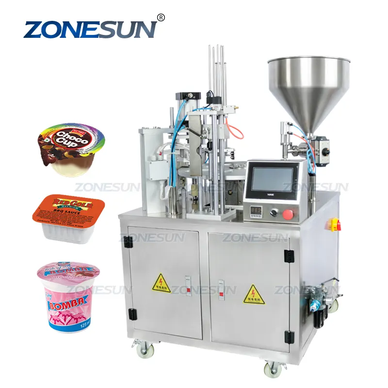 ZONESUN स्वचालित जेली दही आइस क्रीम रस चीनी शहद रोटरी कप Discal भरने कैपिंग सील मशीन