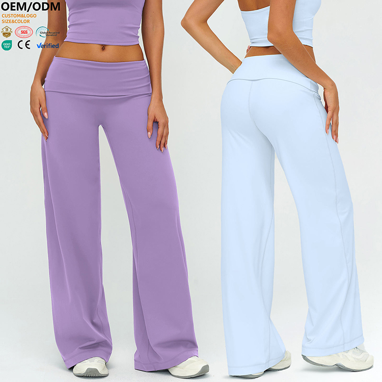Plus Size High Elastic Fold Over Yoga Pants Women Soft Brushed Wide Leg Tummy Control Butt Lifting Outdoor Running Fitness Wear